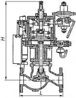 Клапан 521-182.199 запорный фланцевый проходной с однополостным пневмоприводом и ручным управлением Ду 80 Ру 6 