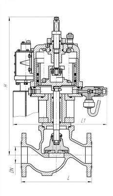 Клапан 587-35.9103-05 запорный фланцевый проходной с однополостным пневмоприводом и ручным управлением нормально открытый Ду 40 Ру 5 