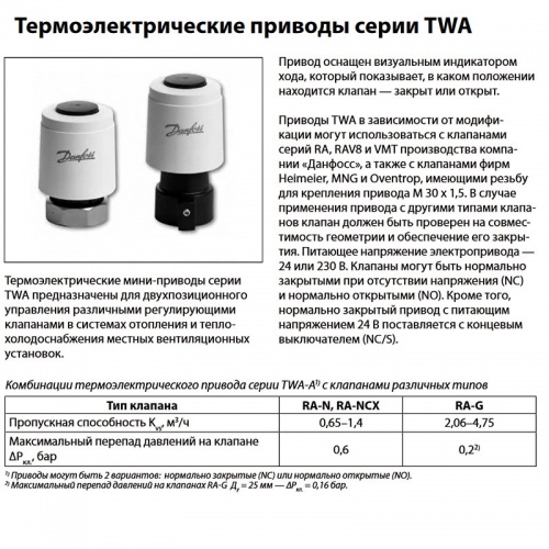 Привод термоэлектрический TWA-A д/клапанов RA-N, RA-G, 24В, нормально открытый, Danfoss 088H3111 