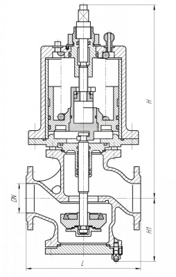Клапан 528-182.022-02 фланцевый переключающий с пневмоприводом, ручным управлением, сигнализатором Ду 70 Py 6 