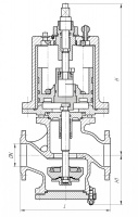 Клапан 521-182.215-05 запорный фланцевый проходной с однополостным пневмоприводом и ручным управлением нормально закрытый Ду 100 Ру 6 