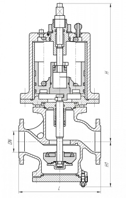 Клапан 521-182.198-03 запорный фланцевый проходной с однополостным пневмоприводом и ручным управлением нормально закрытый Ду 32 Ру 6 