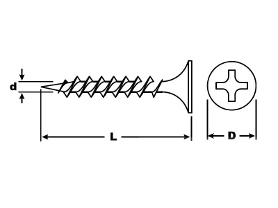 Саморезы с потайной головкой, крестообразным шлицем Phillips 2, острым наконечником, частая резьба (кг) КНР 