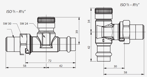 Клапан 2-труб.система боковое подкл. PN 10 RLV-15 Press, Ду 15, угловой, никелированный, Danfoss 003L1825 